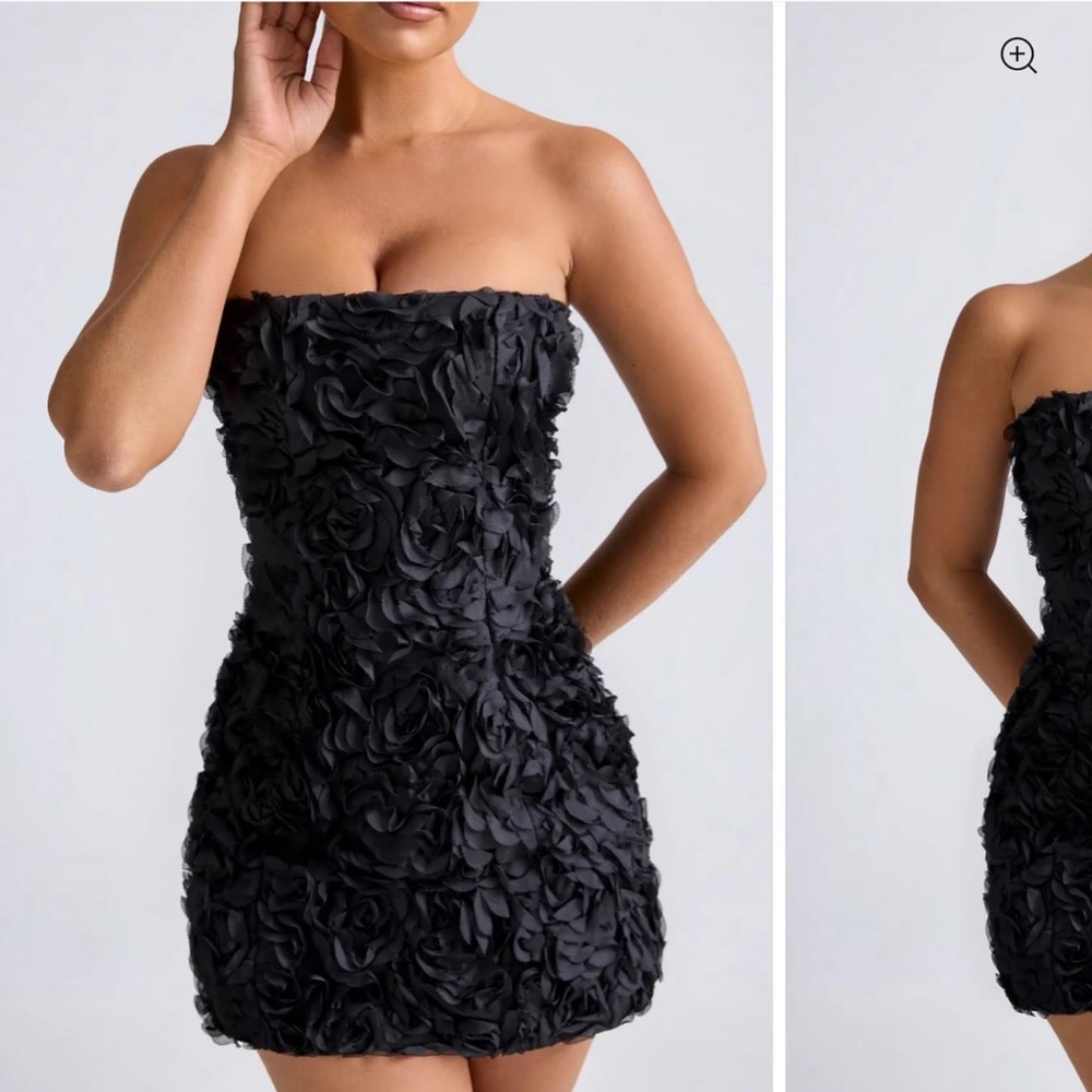 Oh Polly Azaelea Floral-Appliqué Bandeau A-Line Mini Dress in Black